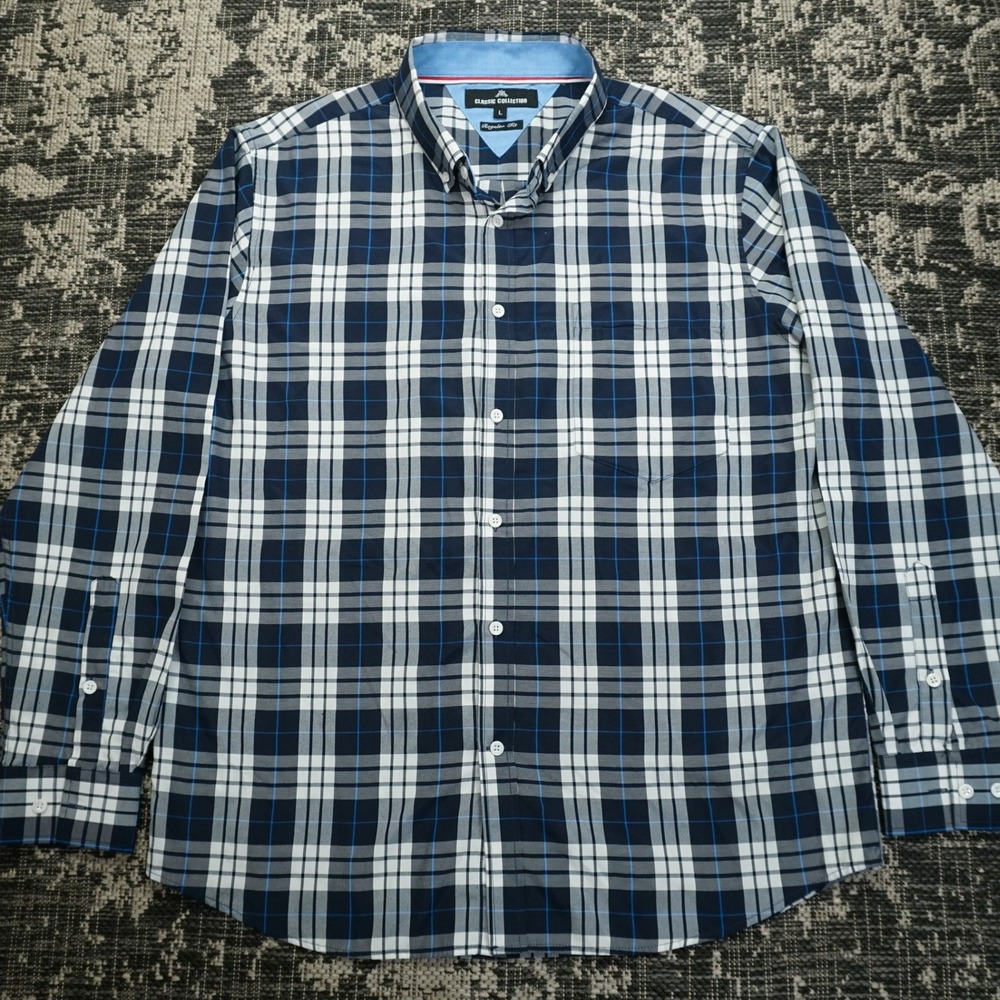 Classic Collection Mens Plaid Shirt Large Blue‎ Button Down Retro Preppy Casual